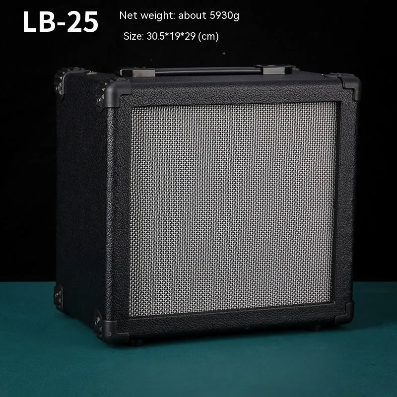 Small and easy to carry guitar audio amplifier with metal plastic construction, 25 by 8 by 26 cm
