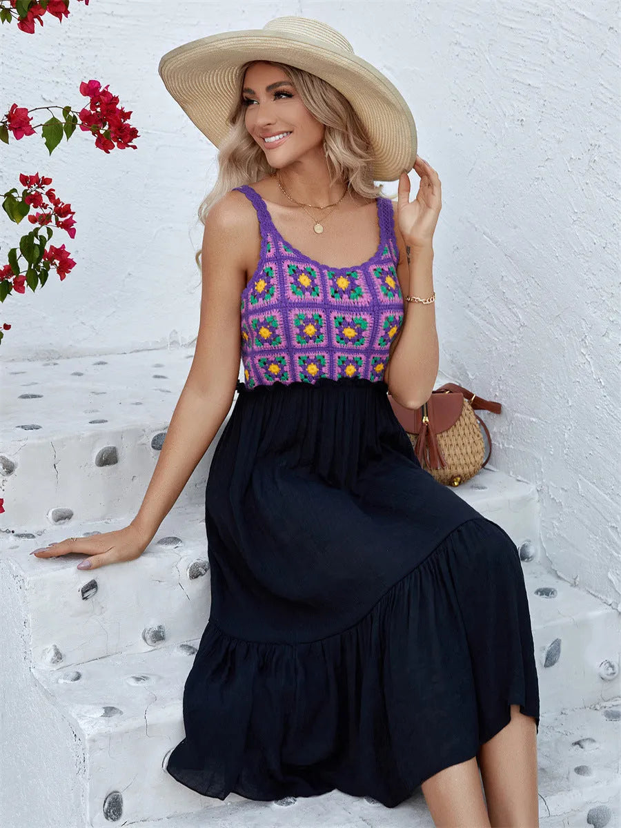 Purple hand hook flower stitching sleeveless dress with cotton yarn fabric and acrylic skirt
