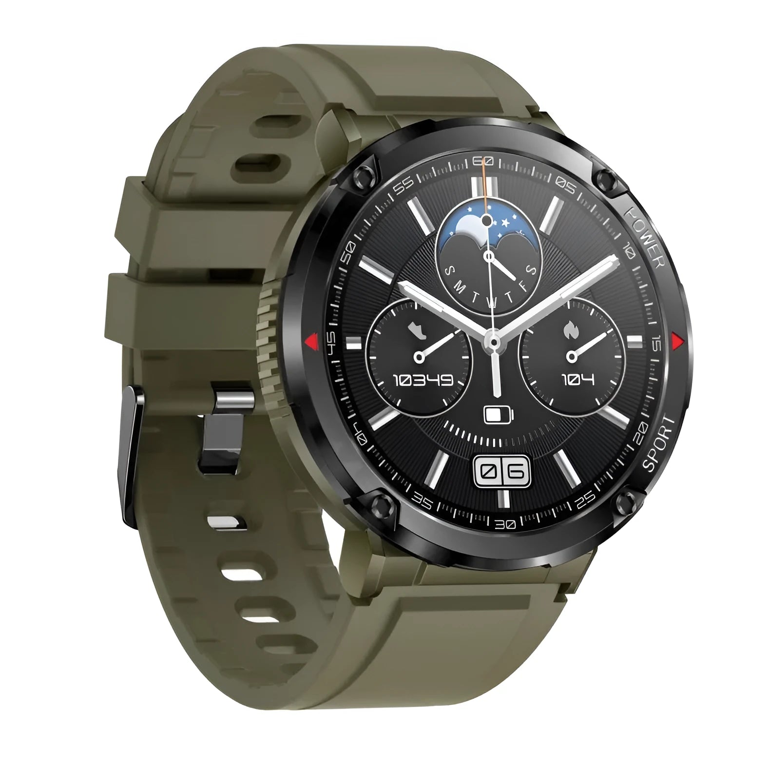 T30 Smart Watch with black dial on a silicone strap showing Bluetooth calling and health metrics on its screen.