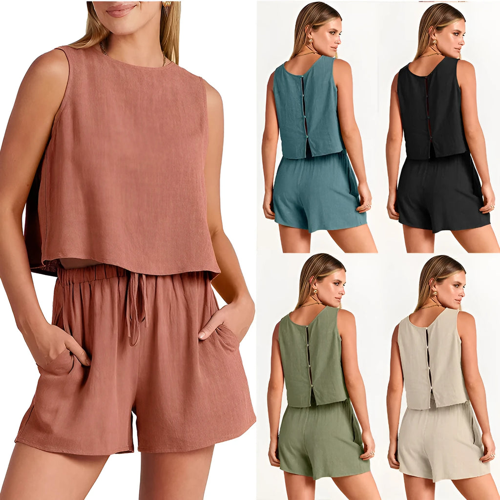 Women's apricot coloured sleeveless top and matching drawstring shorts summer two-piece set laid flat.