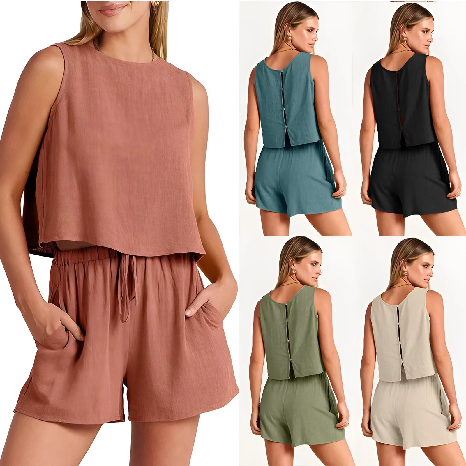 Women's apricot coloured sleeveless top and matching drawstring shorts summer two-piece set laid flat.