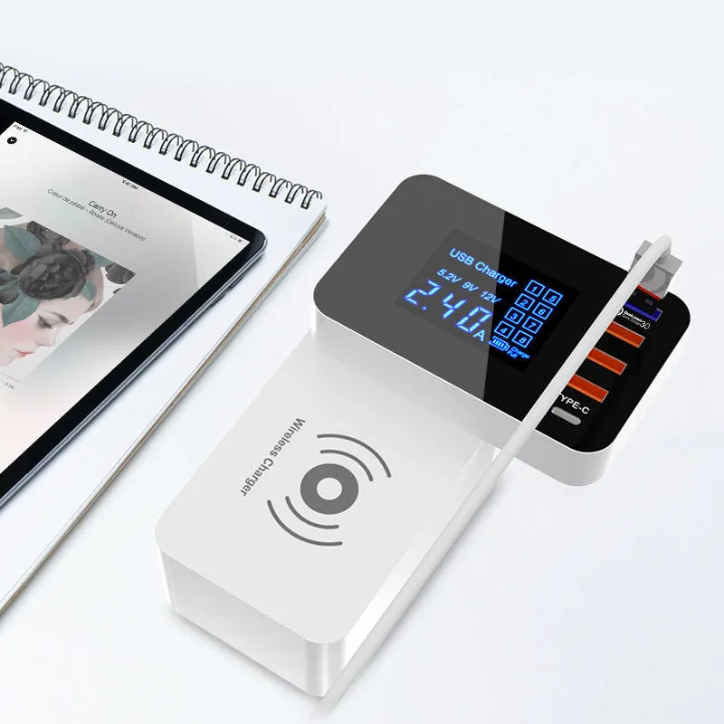 White multi-port wireless charger with USB ports measuring 64.5x98.6x56.5mm