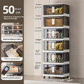 PP foldable storage locker with wheels in white finish showing multiple shelf layers and door configuration
