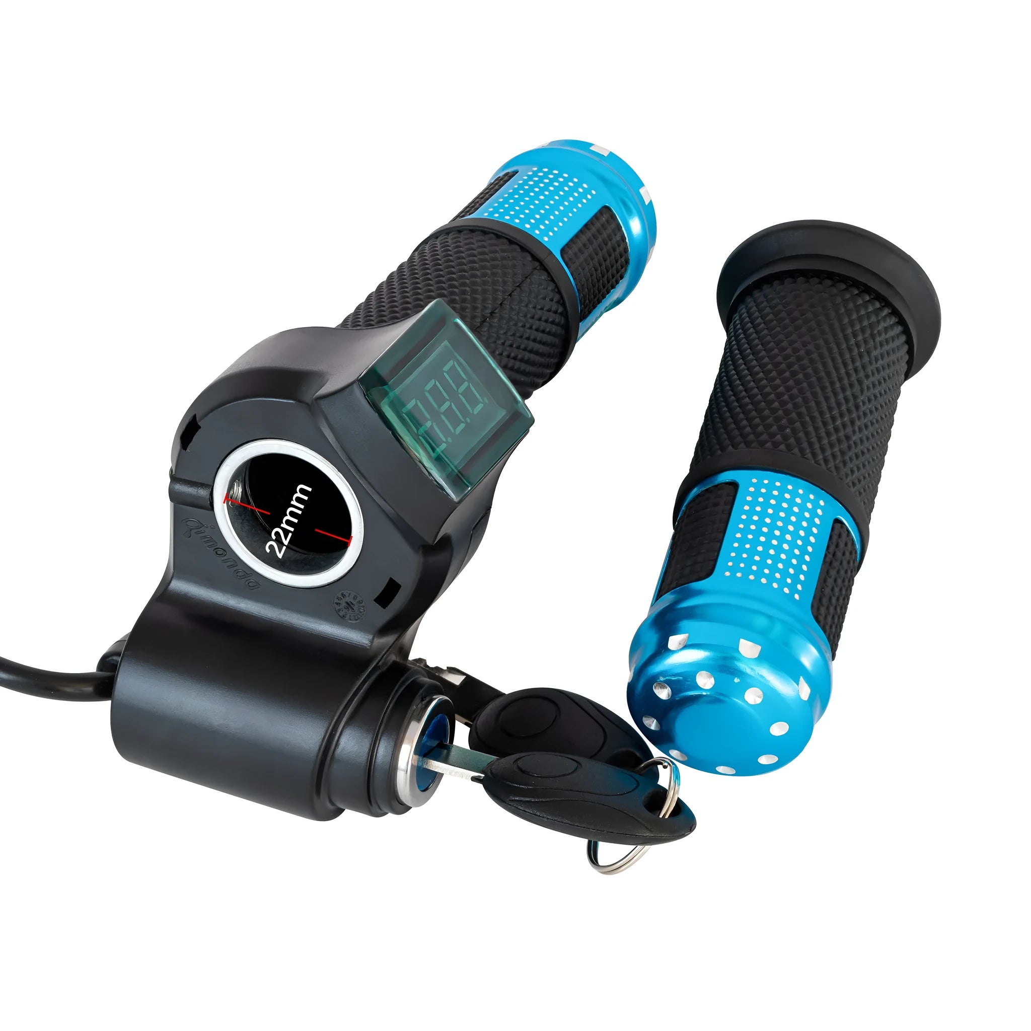 Electric vehicle handlebar control section in blue, red, silver, and yellow colour options
