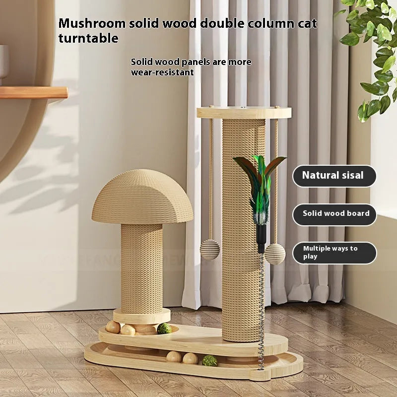 Solid wood cat climbing frame with a central rotating turntable, shown in a basic style big flower design.