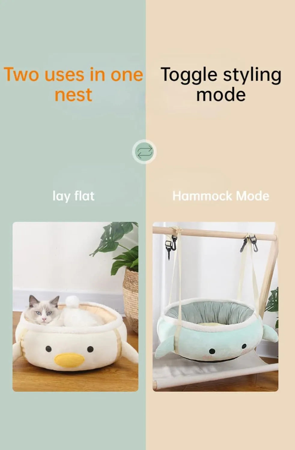 Green chick-shaped cat bed shown both flat and hanging as a hammock, suitable for small pets.