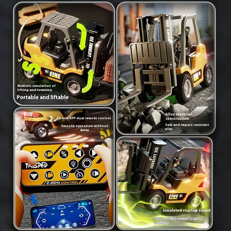 1:64 scale silver alloy Bluetooth remote-control forklift toy with mobile phone app on screen.