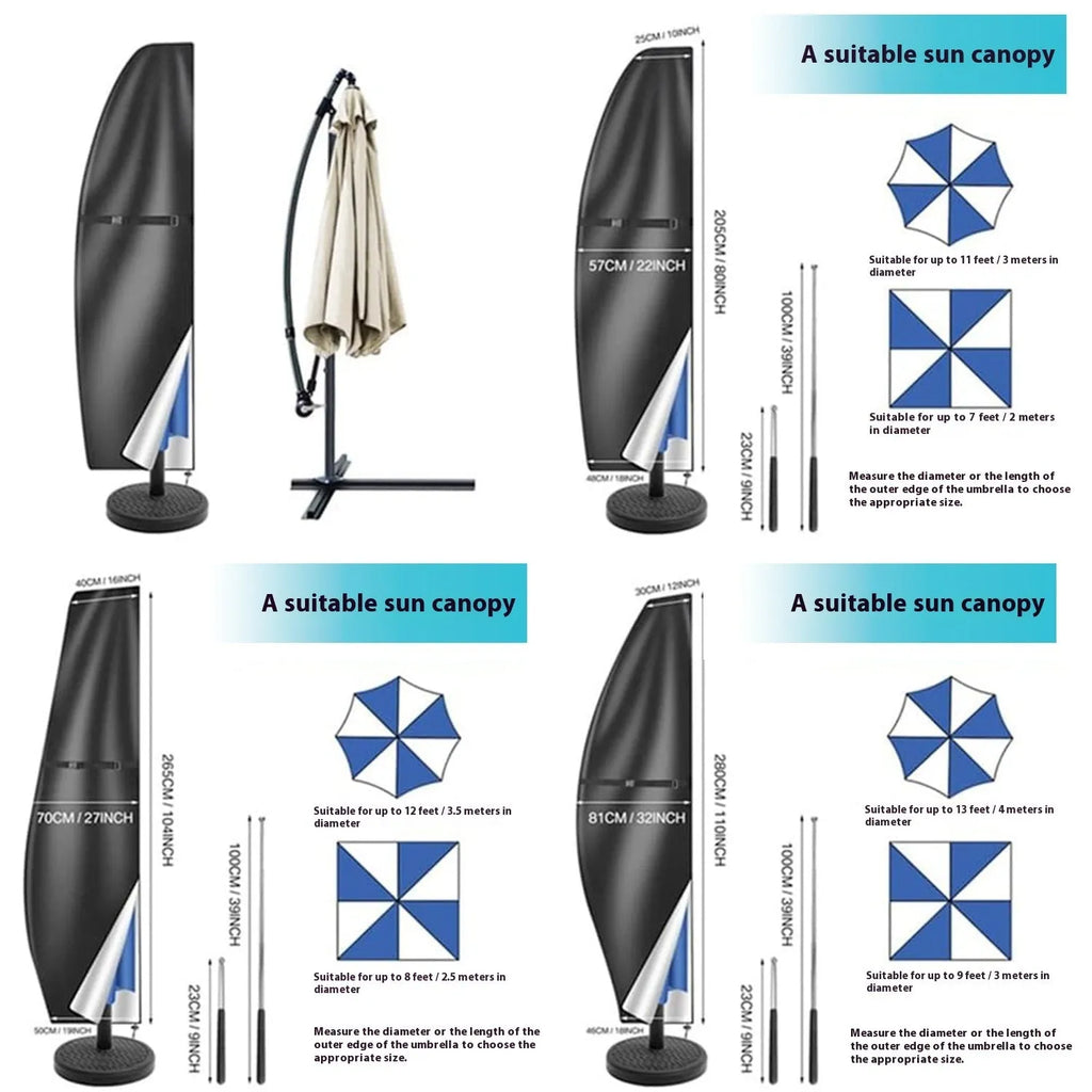 Grey Oxford cloth banana-shaped cover for an offset patio umbrella.