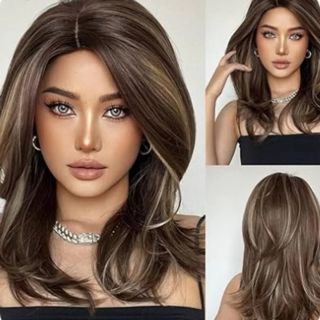 Mid-length platinum gradient synthetic wig with long curly hair and bangs in wine red, brown, or white gold colour.