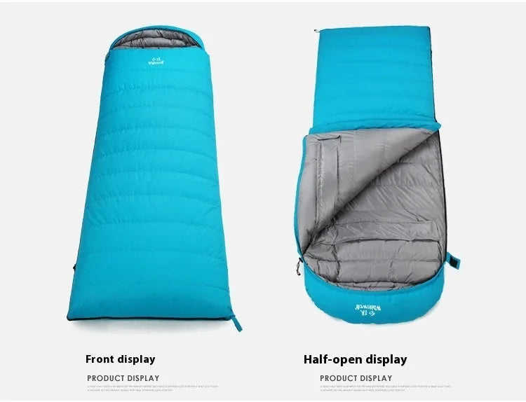 Black outdoor sleeping bag with goose down filler and tear-resistant nylon fabric shown unzipped.