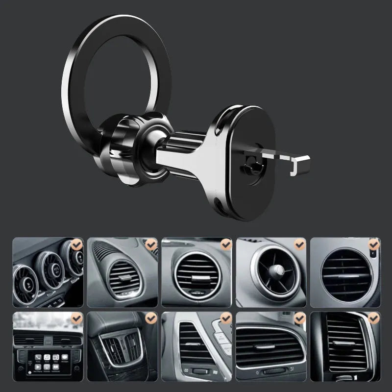Black magnetic car air vent phone holder with O-ring design for vehicles