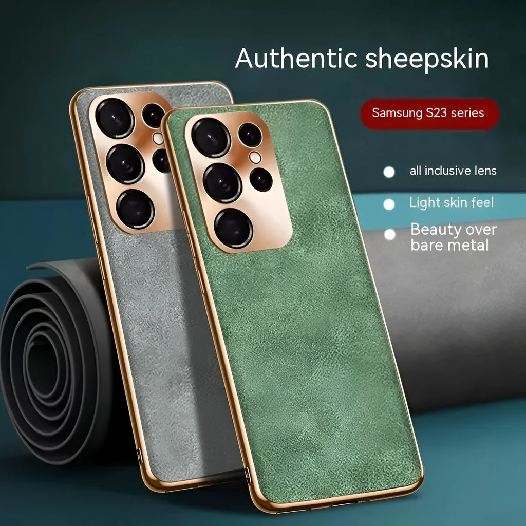 Fashion eyelet sheepskin phone case for Samsung S22 S23 in Graphite Black colour