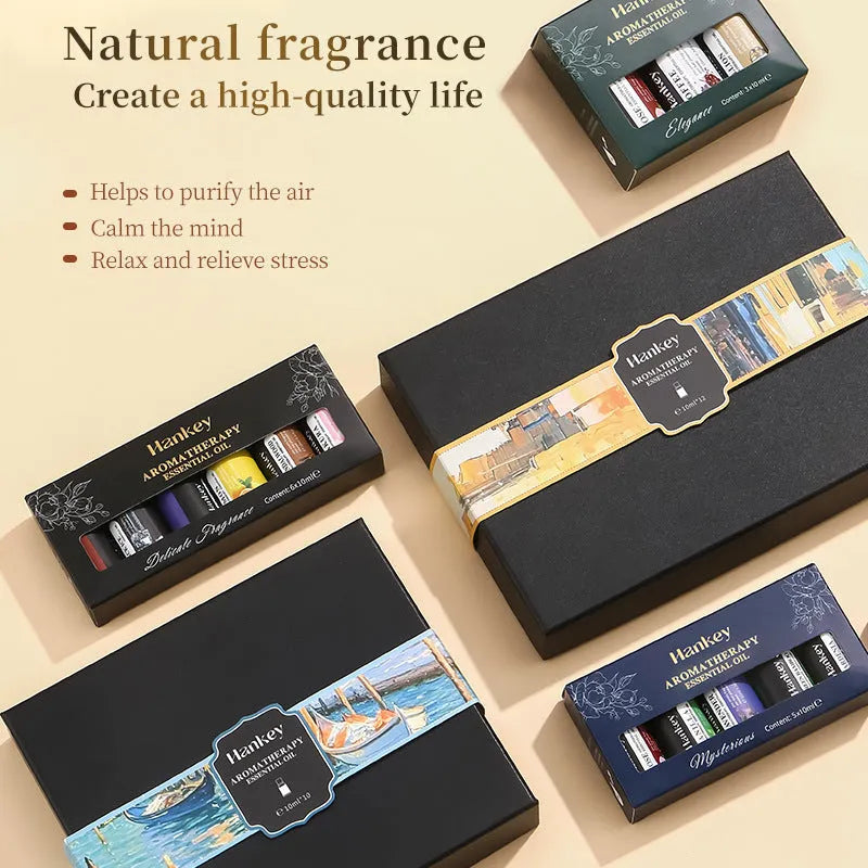 Water-soluble aromatherapy essential oil set in presentation box with multiple bottles