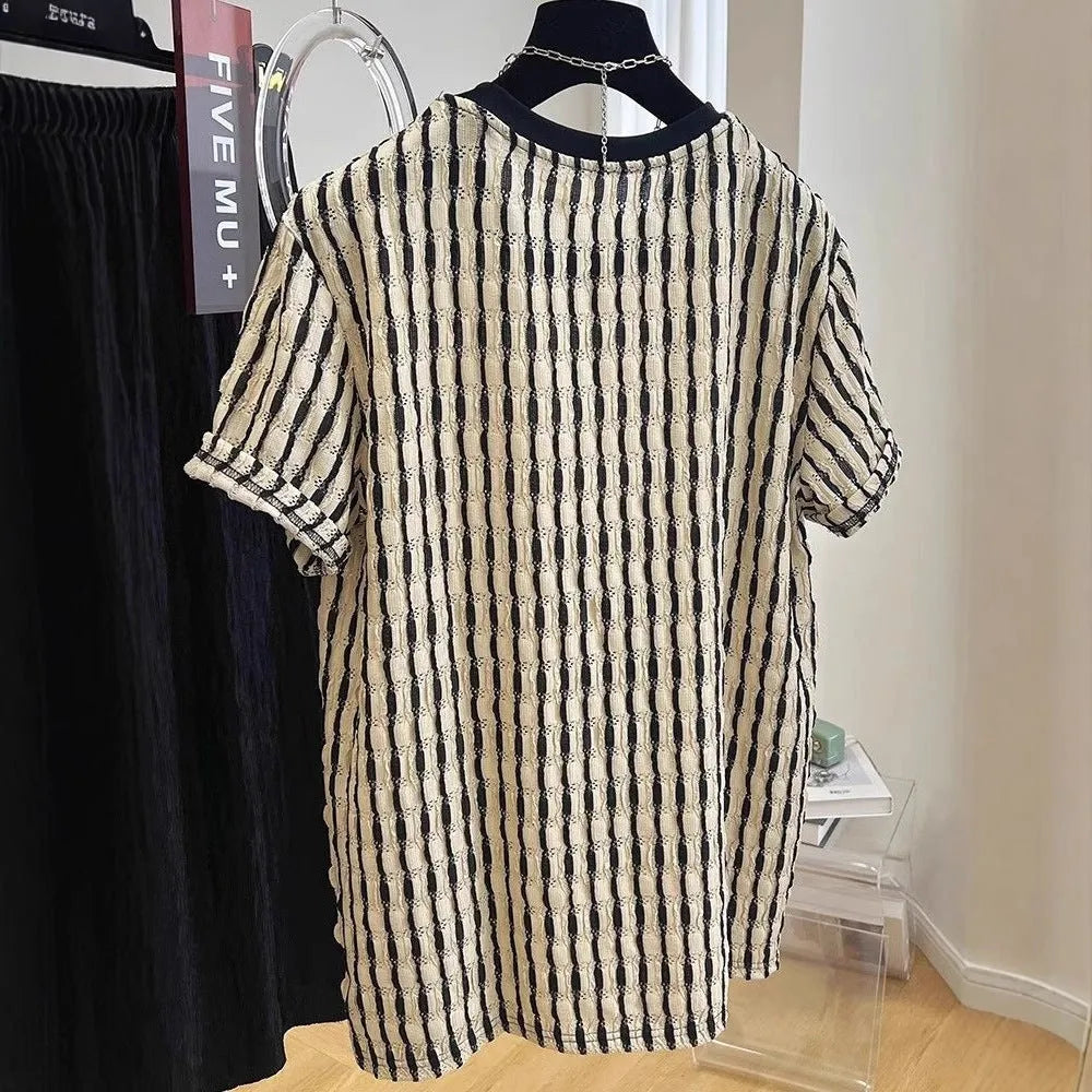 Men's black striped loose short sleeve shirt made from silk and linen blend fabric