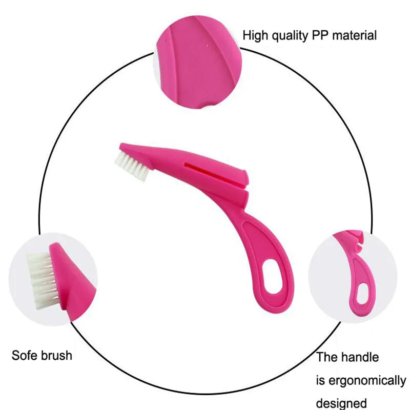 Red and white finger sleeve toothbrush for cleaning dog and cat teeth with soft silicone bristles.