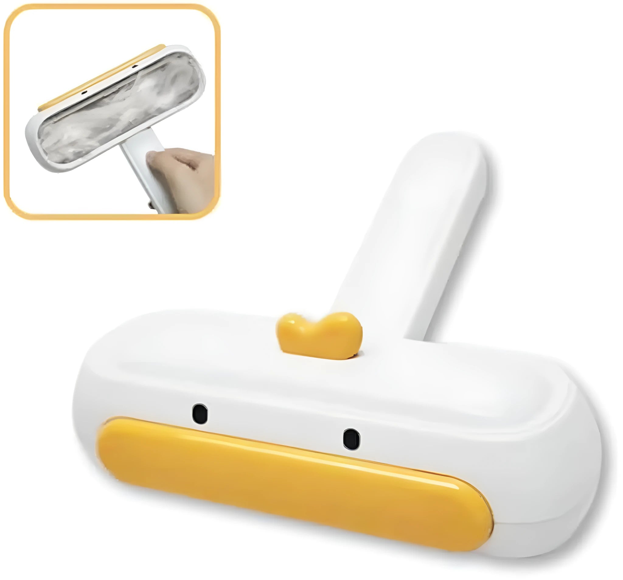 Yellow duck design portable pet hair remover brush with plastic handle and polyester bristles.