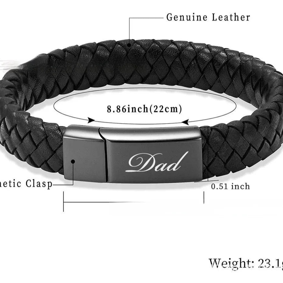 Black stainless steel and leather woven casket bracelet with English text, in a gift box.