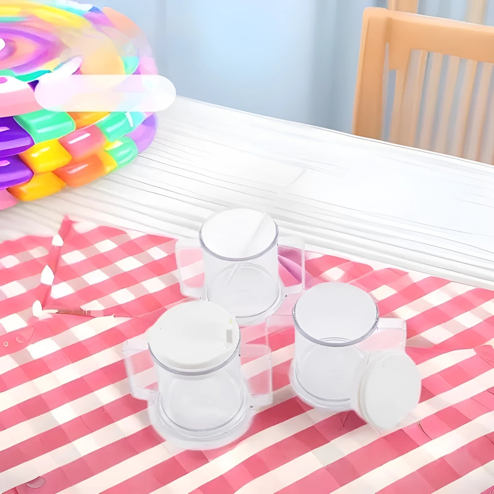 Transparent plastic drinking cup with a black spill-proof lid on a white background
