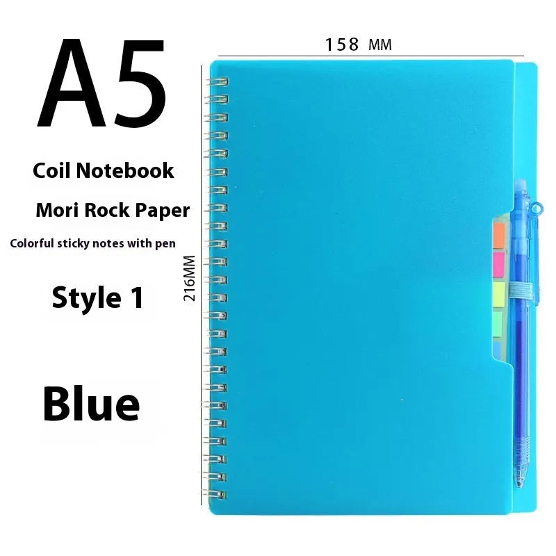 A5 erasable spiral notebook with stone paper, custom cover options including pockets and sticky notes