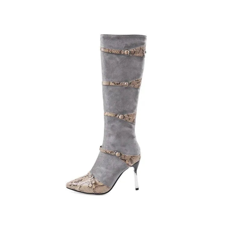 Women's black knee-high boots with thin high heels and velvet interior, showing 33cm shaft height