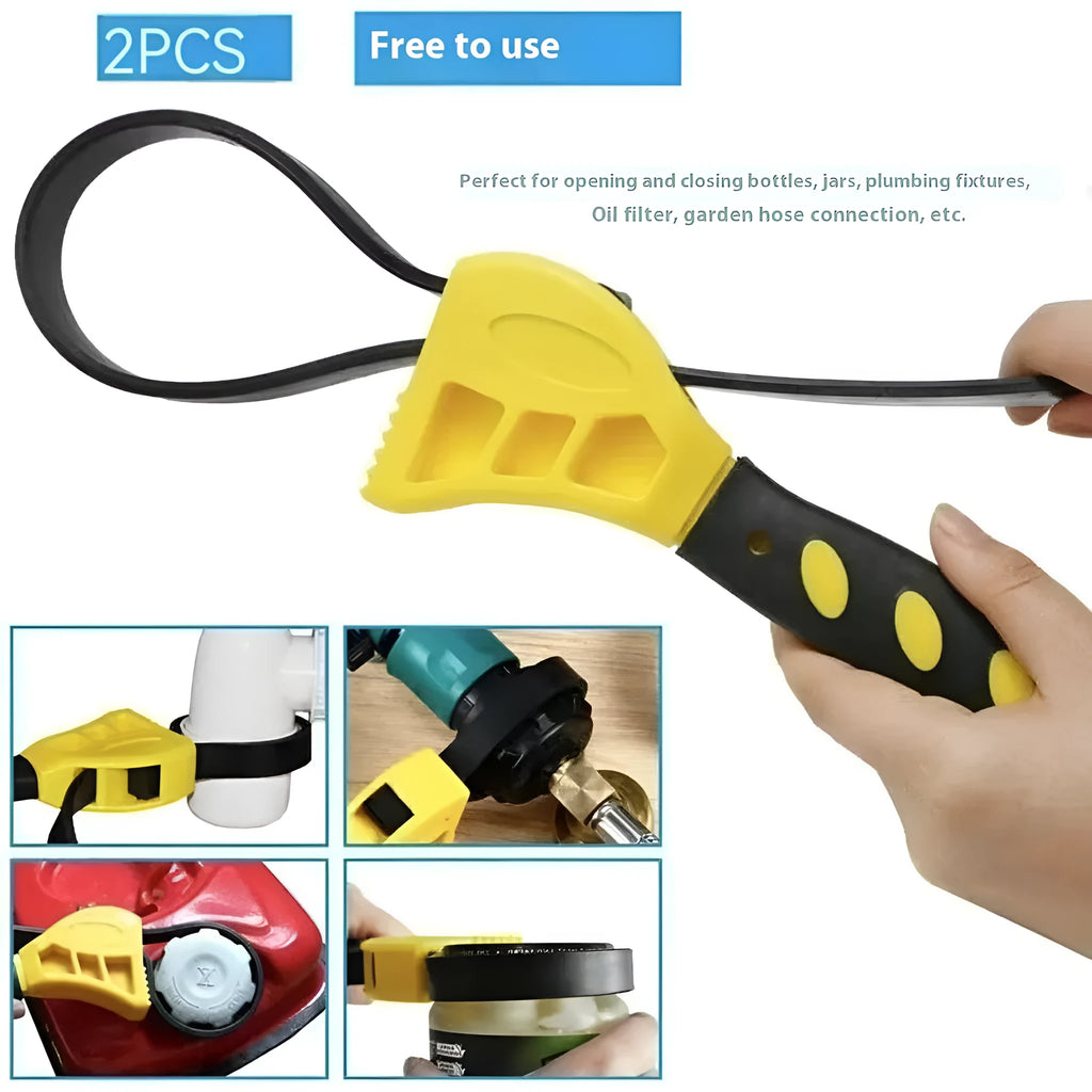 Adjustable rubber strap wrench tool with plastic rubber strap and phosphating finish for filter and plumbing use.