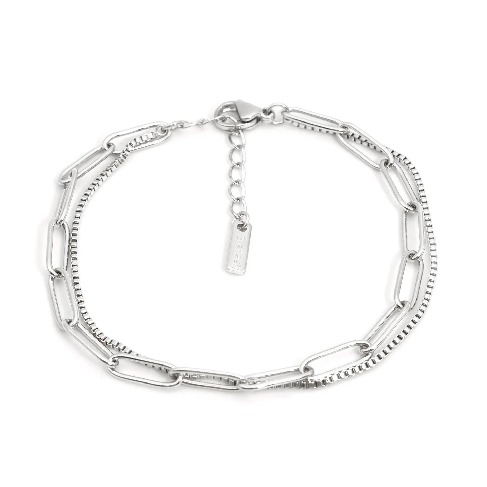 Double layer titanium steel women's bracelet with geometric design and linear patterns