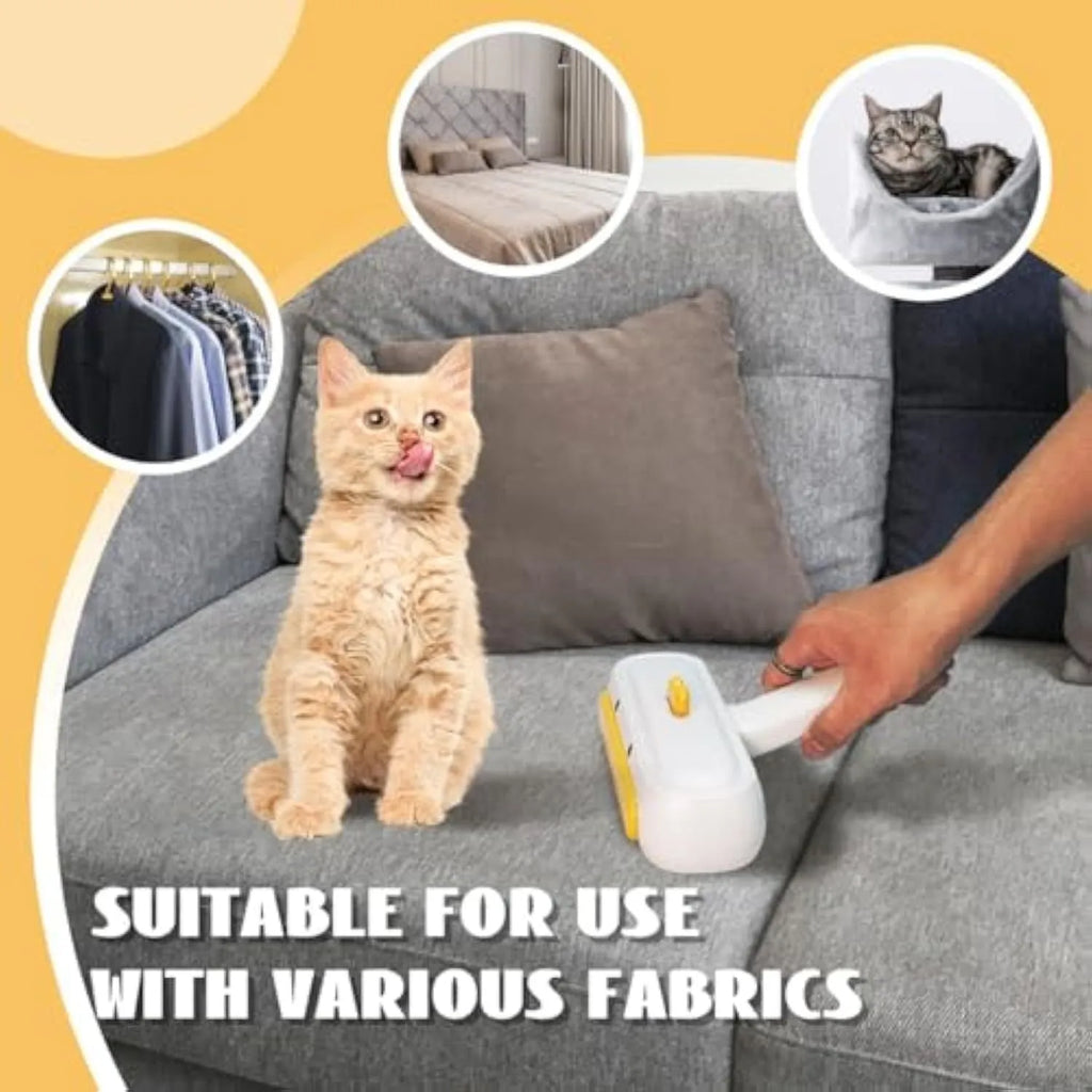 Yellow duck design portable pet hair remover brush with plastic handle and polyester bristles.
