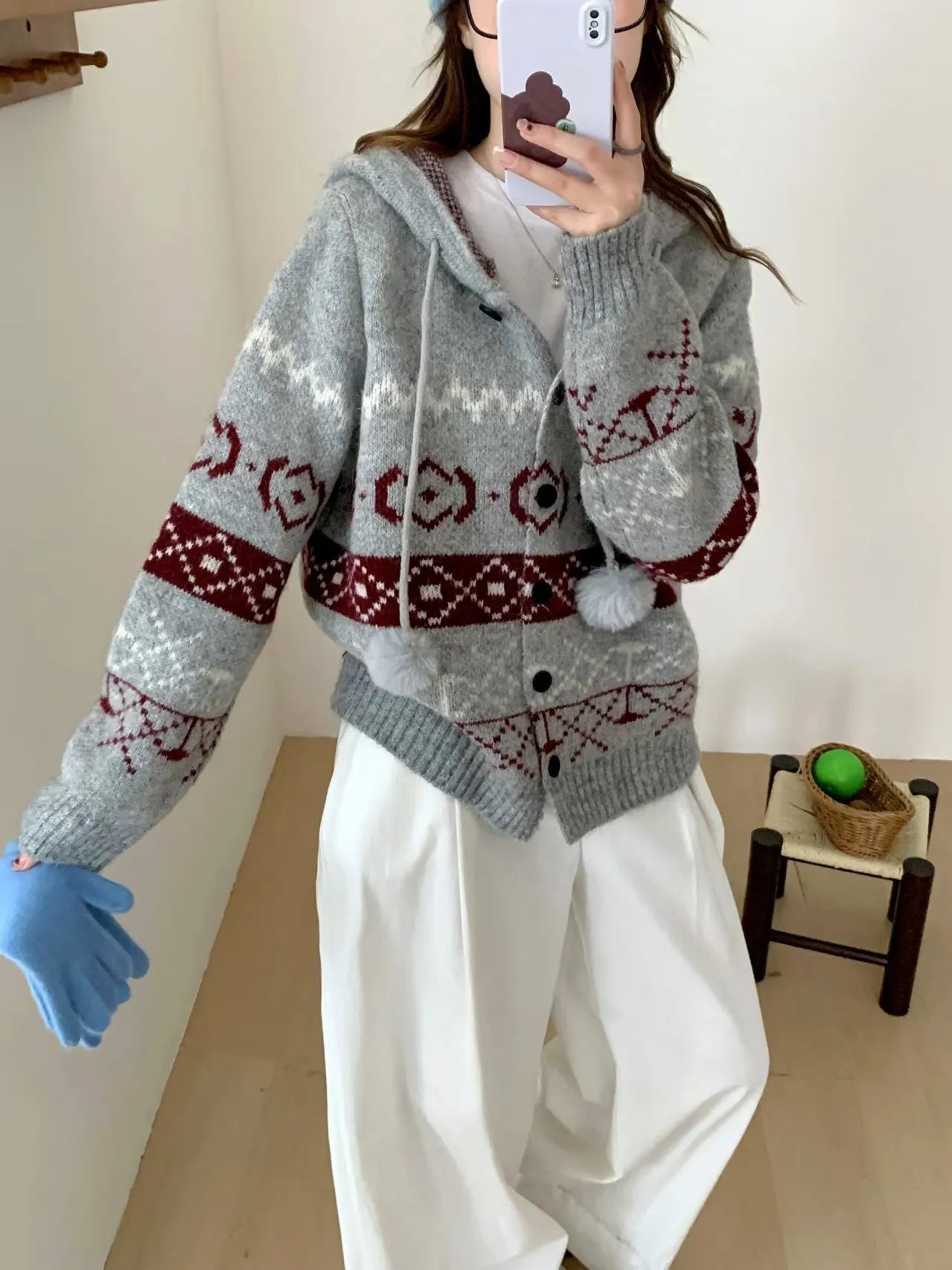 Plus size women's loose fit brocade sweater coat with geometric pattern in beige