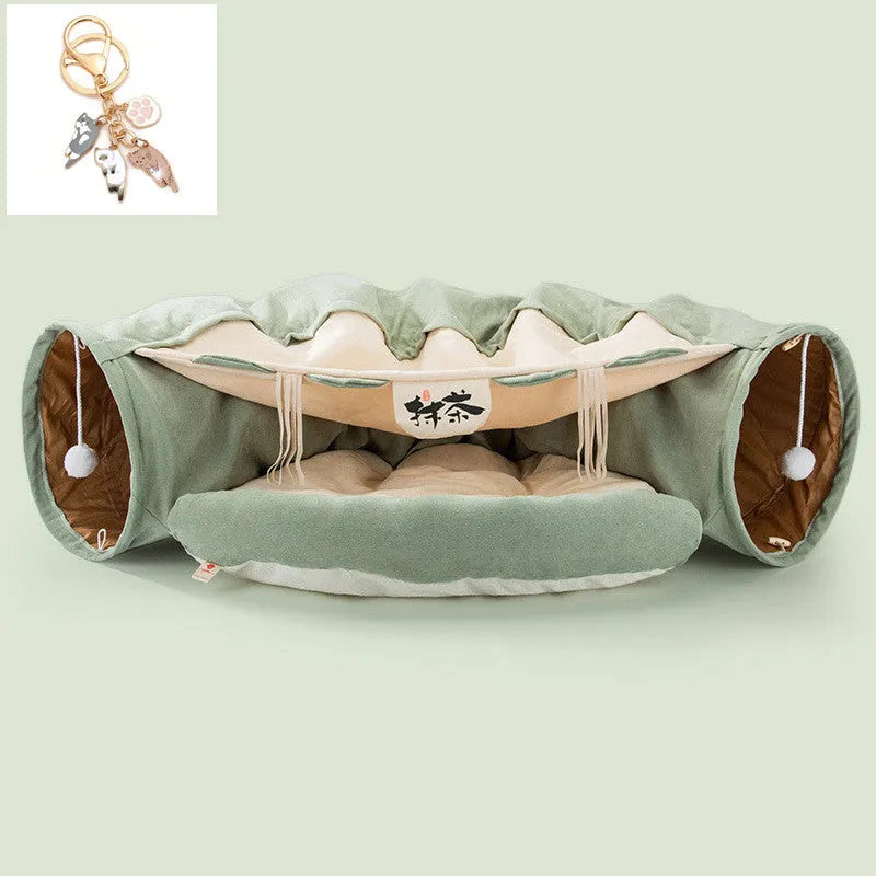 Collapsible cloth cat tunnel shown in one of four colour options: bar, coffee, matcha, or pink.