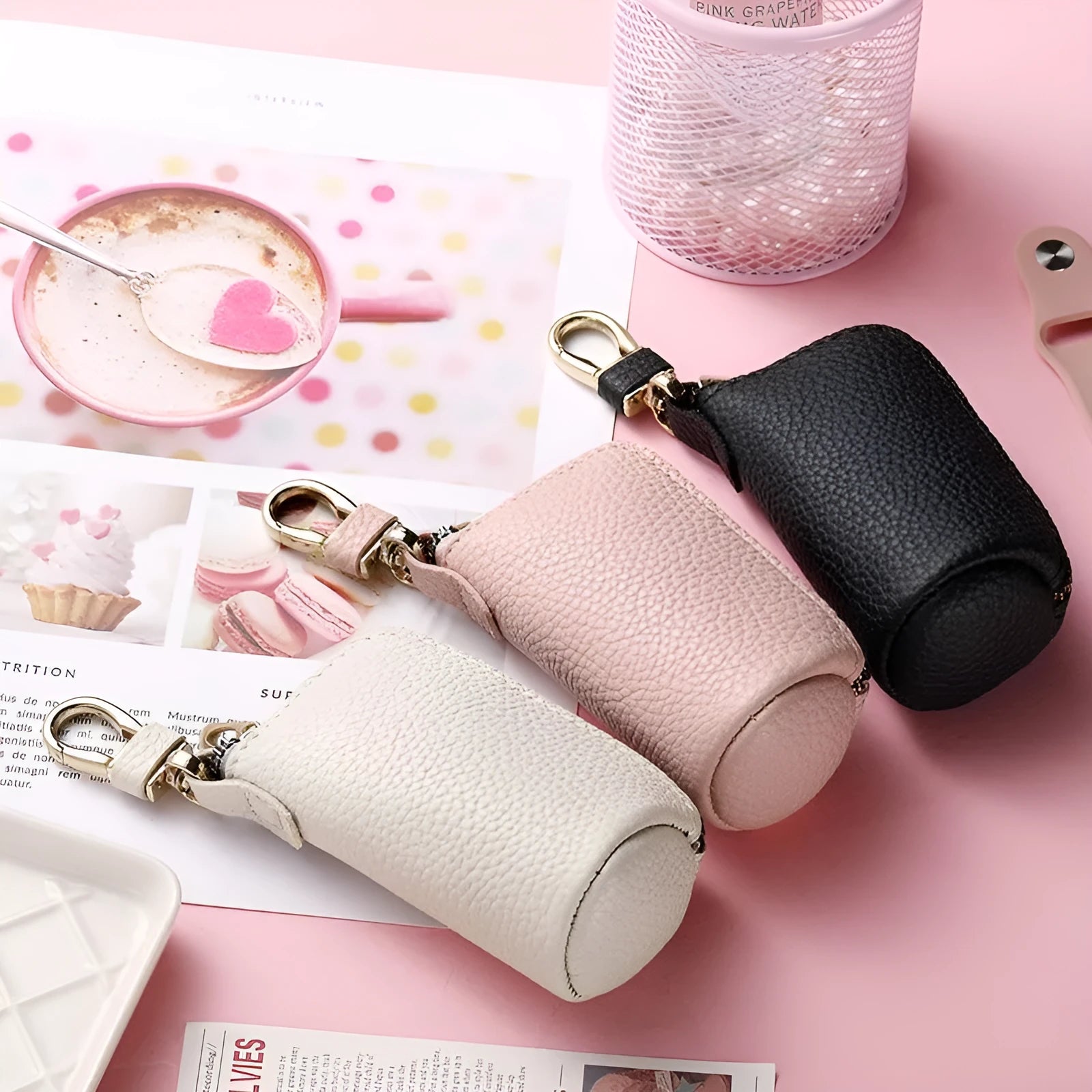 Waterproof PU leather key case in black, grey or pink with zippered expansion compartment