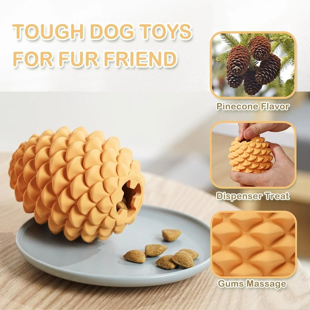 Natural rubber pine cone shaped dog chew toy with treat dispenser for large dogs