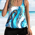 Blue tie-dyed floral print plus size swimsuit set with split cup top and shorts