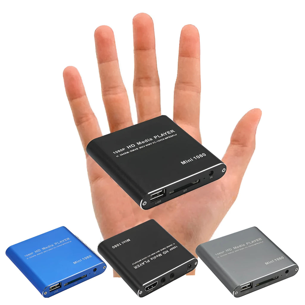 Compact black 1080p Full HD media player with HDMI port and remote control