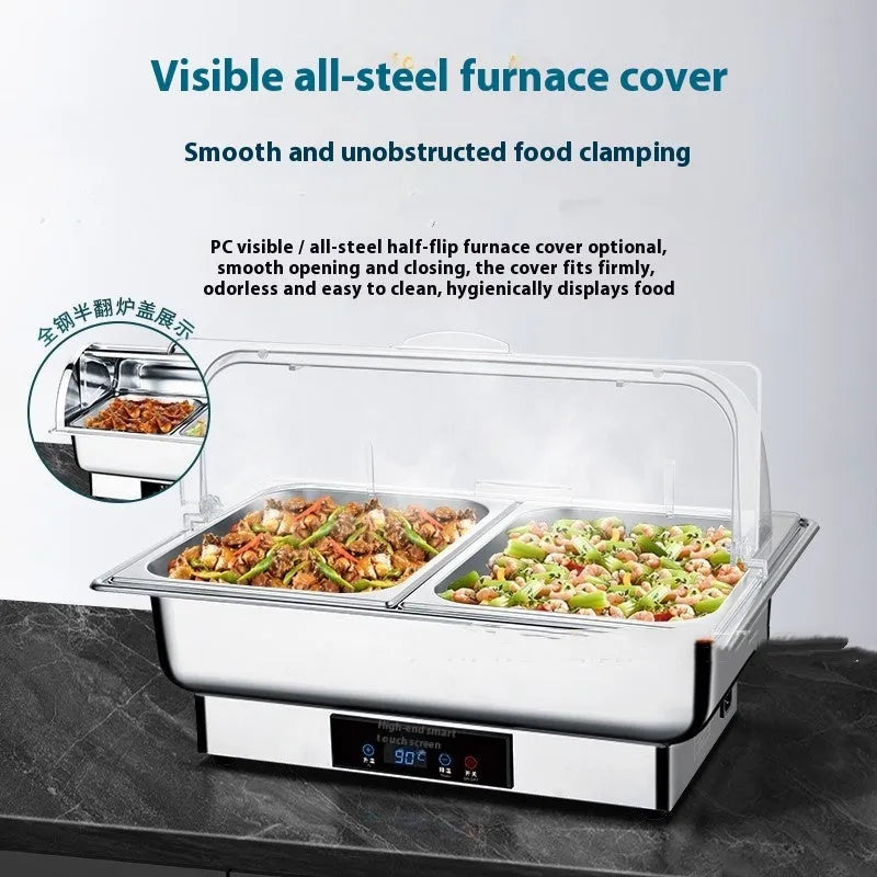 Stainless steel electric buffet stove with transparent flip lid and LCD temperature display