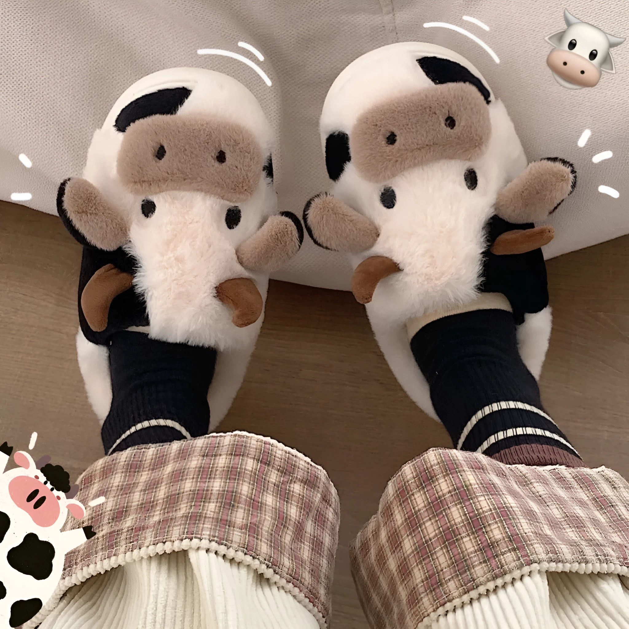 White cow plush slippers for women with non-slip textured soles