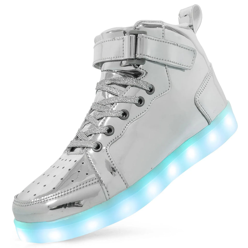 High-top LED light shoes with Velcro strap and rechargeable lights in multiple colours.
