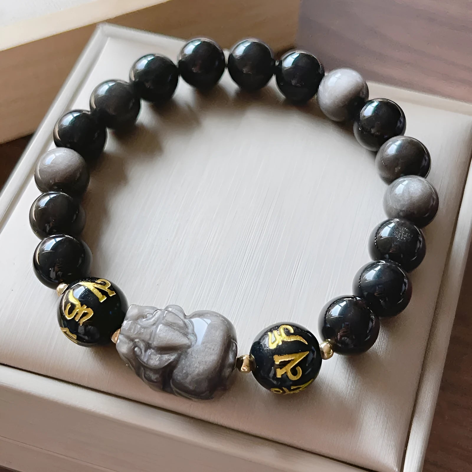 Men's natural silver stone bracelet with Chinese style design and zodiac anniversary beads