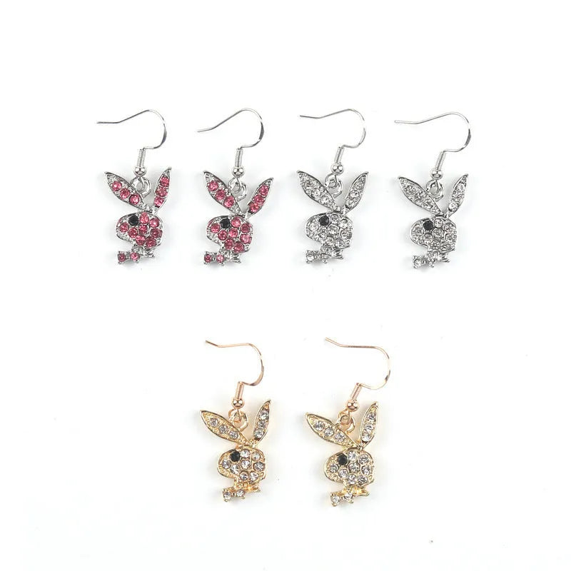 A pair of cute full diamond rabbit stud earrings in a choice of silver, pink, or gold.