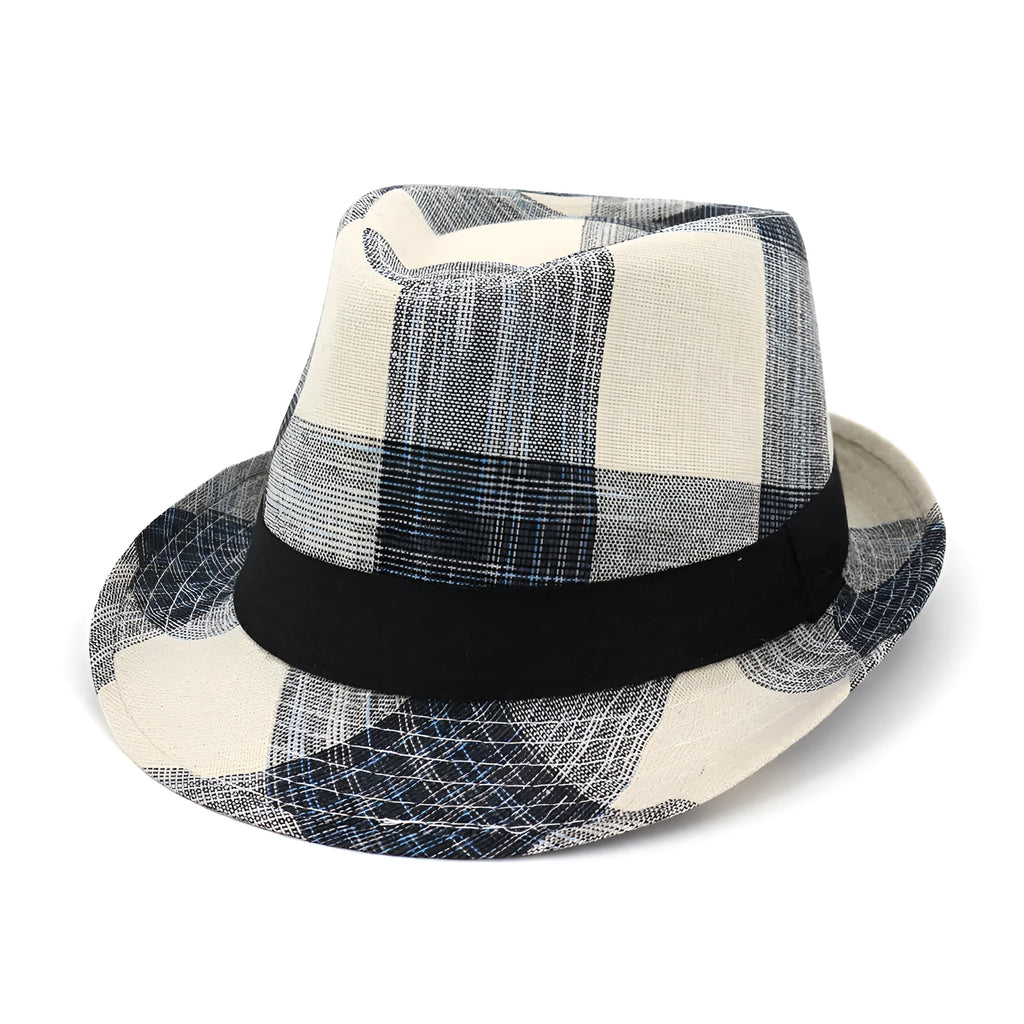 Casual blue polyester straw sun hat with a bell crown on a neutral background.