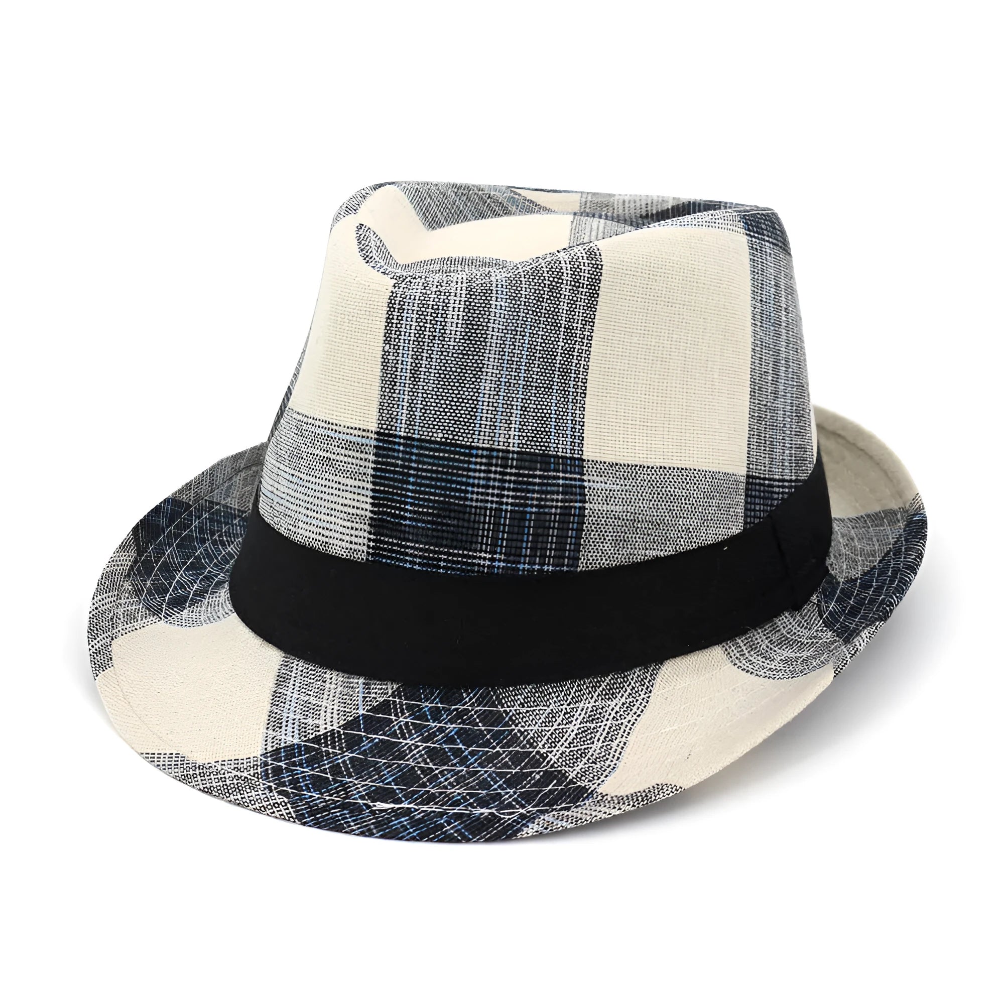 Casual blue polyester straw sun hat with a bell crown on a neutral background.