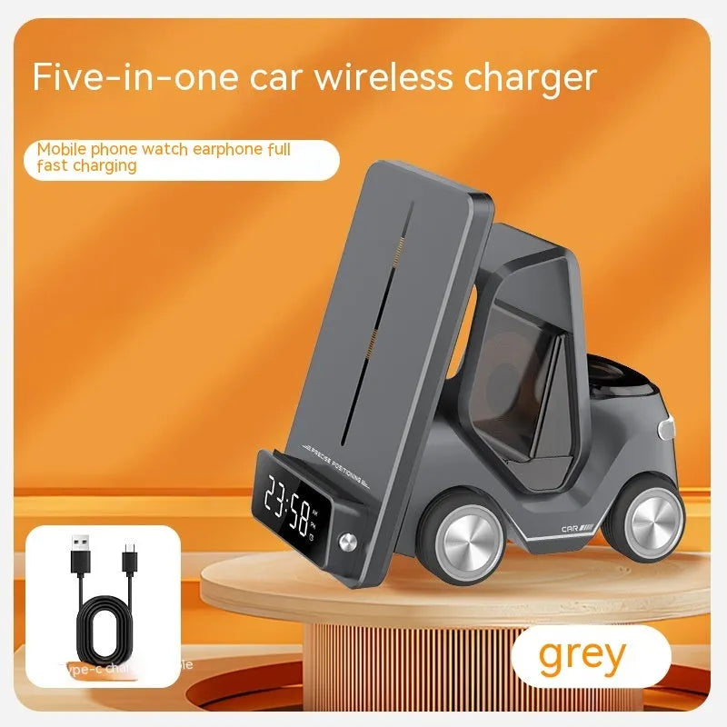 15W three-in-one wireless charging stand in grey colour showing adjustable viewing angles for devices