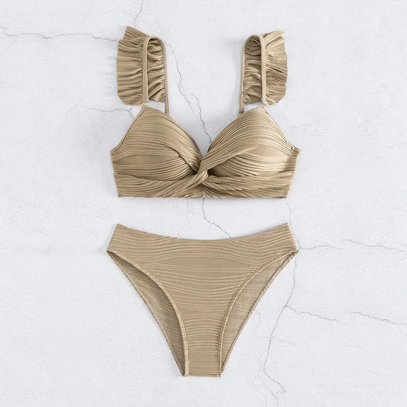 Solid colour women's polyester bikini set in black or khaki options