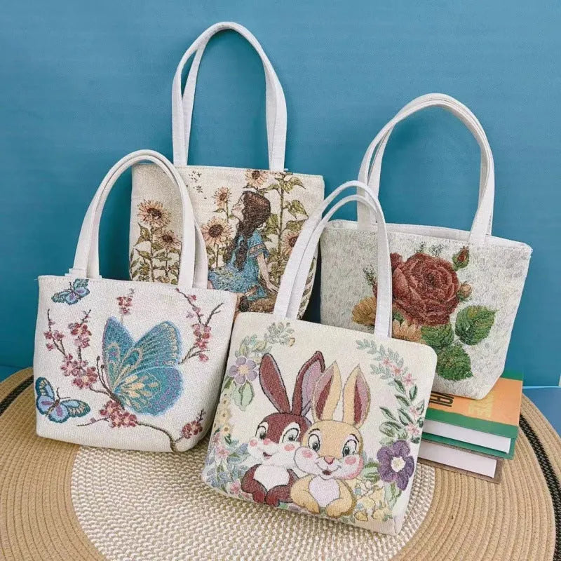 Double-sided gold wire embroidered canvas tote bag with polyester lining in medium size