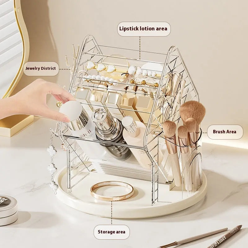 Rotating cosmetics storage box in clear or amber gold plastic with 360-degree rotation mechanism