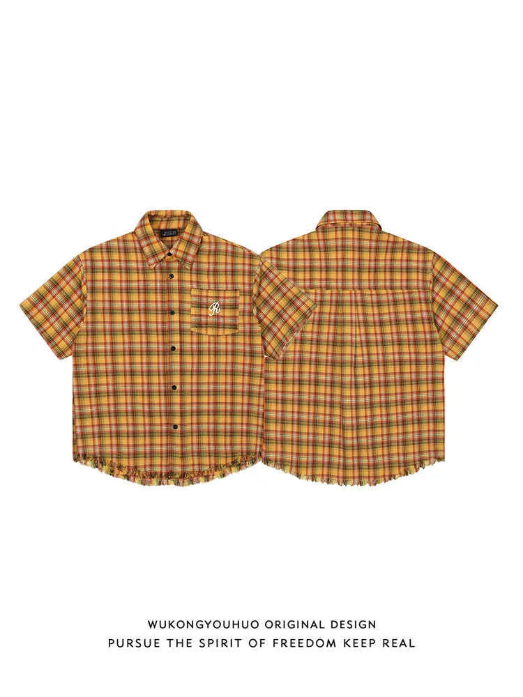 Yellow grid plaid short sleeve shirt with loose fit and embroidery pocket