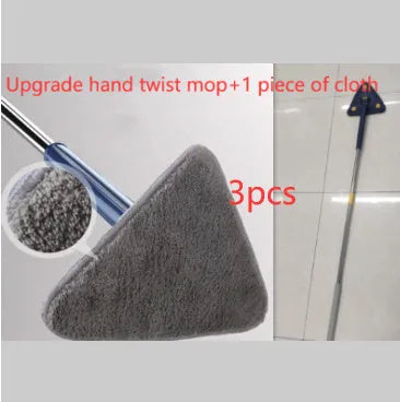Extendable triangle mop with rotating blue head and stainless steel pole for cleaning corners and walls
