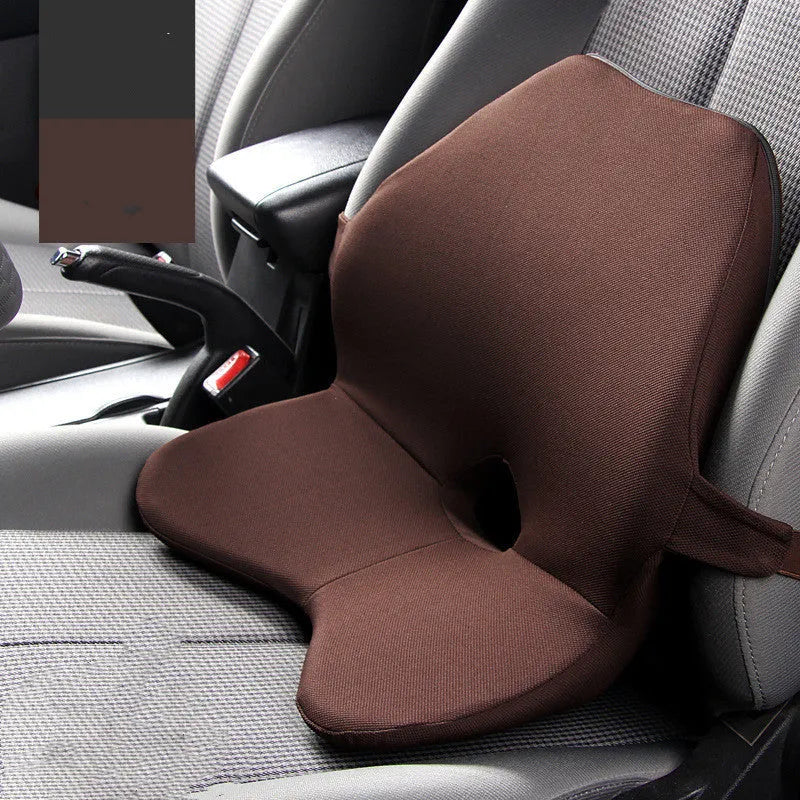 Memory foam car lumbar support cushion and a version with integrated headrest in beige colour.