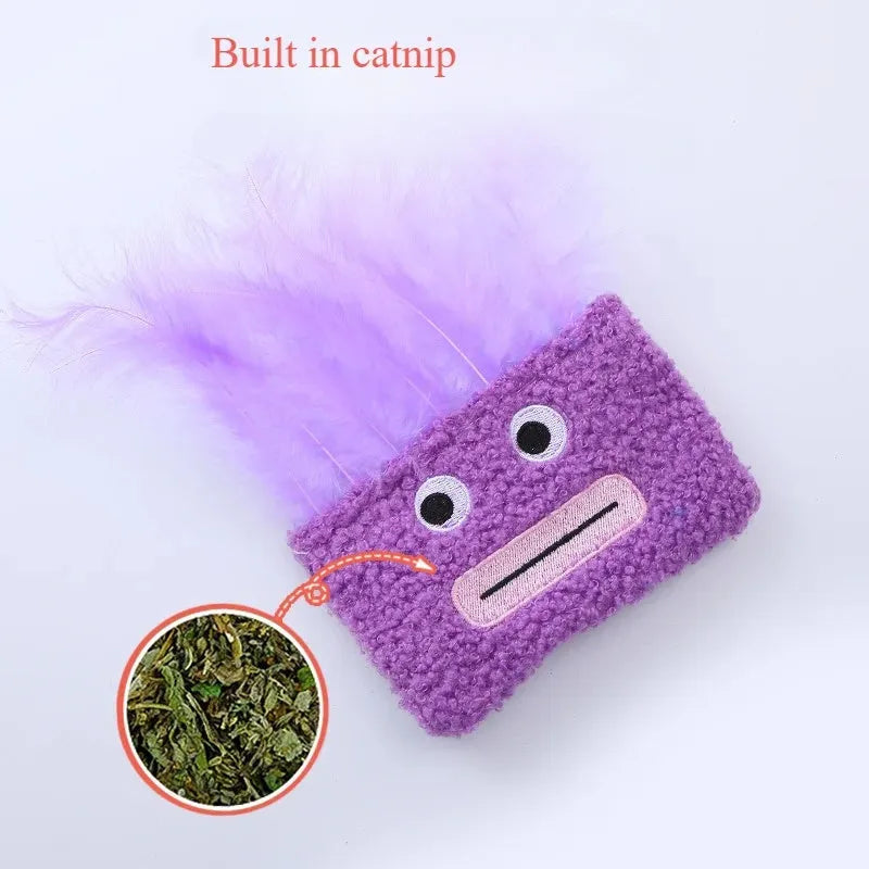 Catnip plush toy with big mouth explosion head shape in blue, green, orange or purple colour