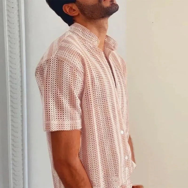 Men's pink waffle-textured short-sleeved cardigan shirt on hanger