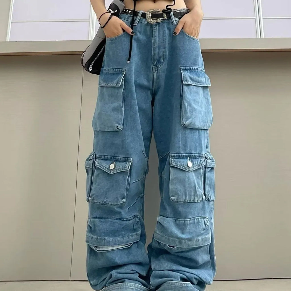 Women's high waist wide leg tie-dyed jeans with multiple pockets in street hipster style